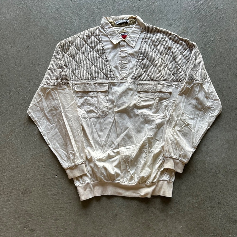 Vintage 90s Color Works Shirt Jacket Size 2XLT Tall Cream Quilted Pullover Boho